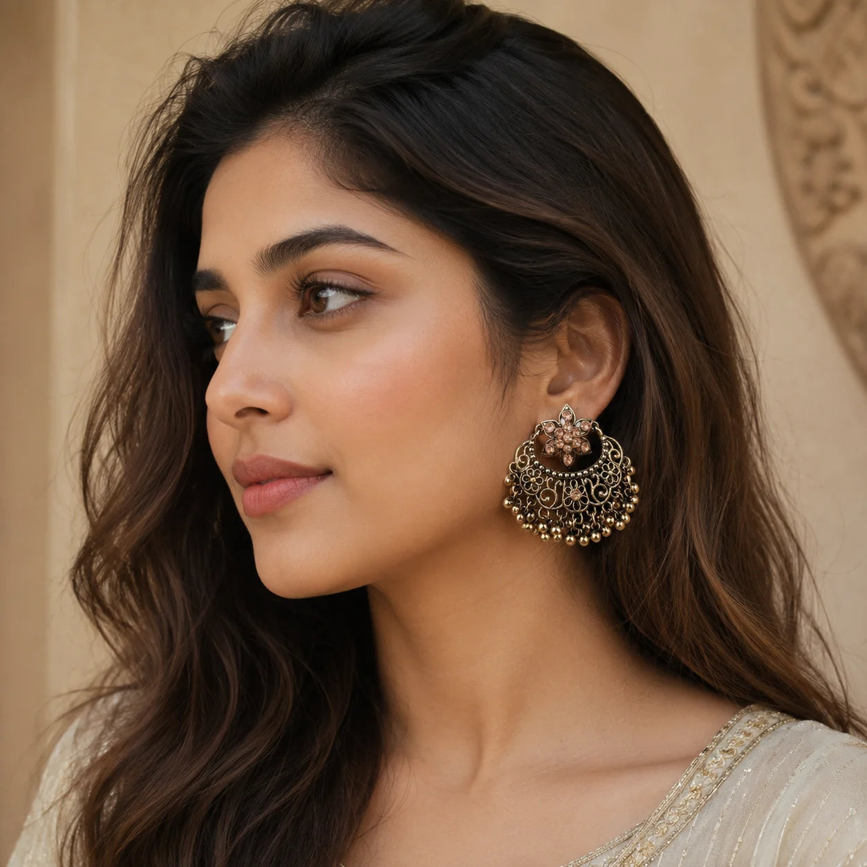Peach champagne stone flower chandbali earrings with ghungroo beads in antique gold
