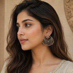Peach champagne stone flower chandbali earrings with ghungroo beads in antique gold

