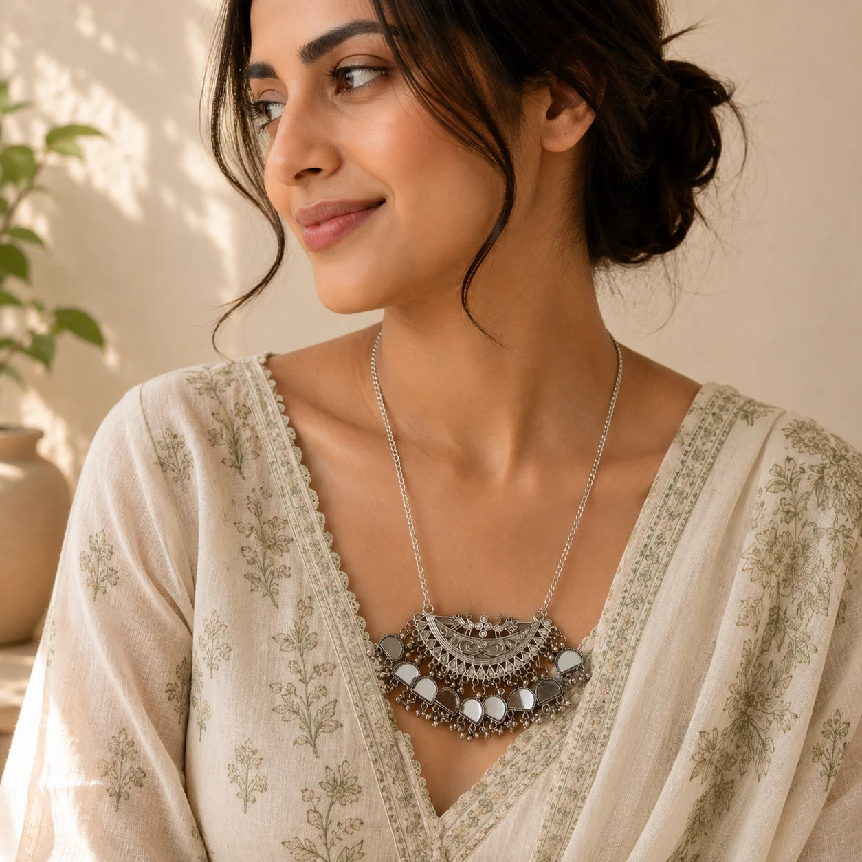 "Oxidised silver-tone
 statement necklace featuring an intricate crescent-shaped pendant with reflective mirror accents, detailed metalwork, and multiple dangling bead charms."
