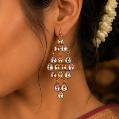 "Gold-tone Dangle earrings
 featuring sparkling teardrop-cut clear crystals in a cascading design, creating elegant statement earrings perfect for weddings, parties, festive occasions, and evening wear."
