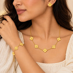 "Gold-toned floral
 jewellery set featuring a layered chain necklace and matching  bracelet adorned with intricate textured flower motifs and raised centre details."
