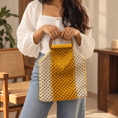 Cream & Mustard Macrame Hand Bag
