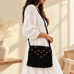 Black Boho Beaded Macrame Bag
