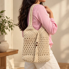 White Macrame Tote Bag