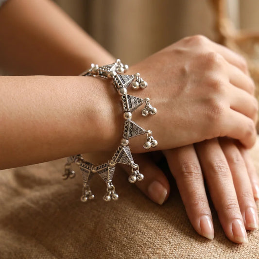 Oxidised silver ghungroo adjustable stretch bracelet with triangle motifs free size
