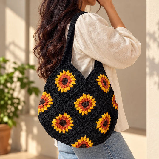 Black Sunflower Crochet Shoulder Bag