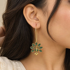 Emerald Peacock Hoop Earrings with intricate gold-tone detailing and small dangling bead charms.
