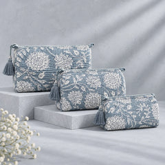 "Set of blue-grey 
quilted fabric pouches featuring intricate white floral and botanical prints, arranged in multiple sizes with decorative dark tassel accents."
