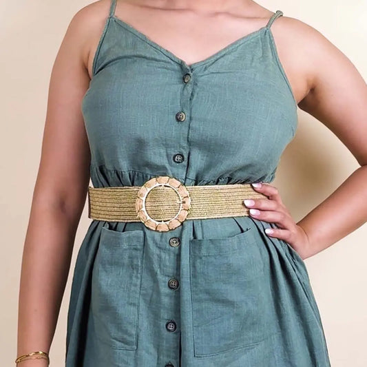 Raffia Olive Flower Straw Buckle Belt