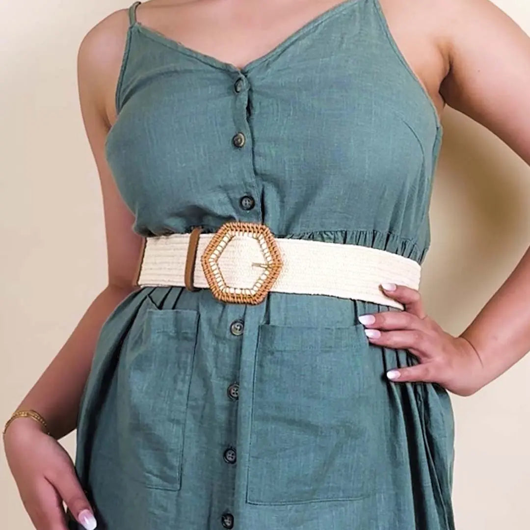 Braided Cream Raffia Hexagonal Buckle Belt