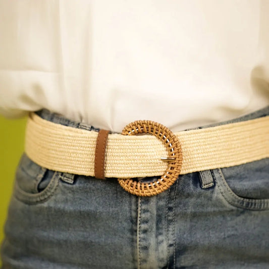 Cream Raffia Braided Straw Buckle Belt