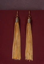 Elegant gold-tone earrings with cascading fine chain tassels, a smooth cylindrical cap, and a comfortable push-back closure.