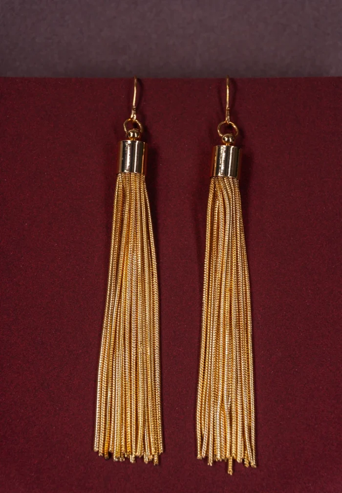 Elegant gold-tone earrings with cascading fine chain tassels, a smooth cylindrical cap, and a comfortable push-back closure.