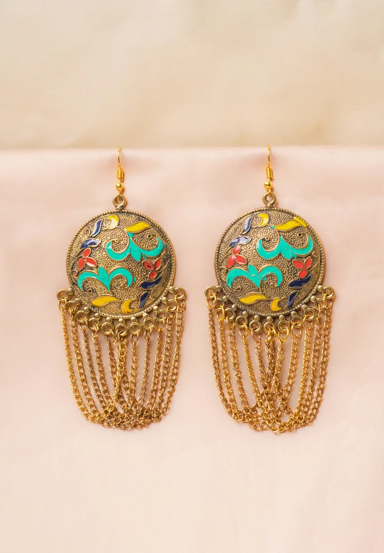 335-Th Handcrafted metal dangle earrings featuring a floral detailing and oxidised gold-tone finish designed with interconnected chain tassels secured with a curved hook closure.