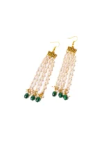 Statement gold tassel earrings featuring a delicately engraved rectangular bar design, fluid chain tassels for an elegant floral effect and designed with evenly spaced small pearl beads, a oval green colored circular shaped beads at the end and a curved hook closure
