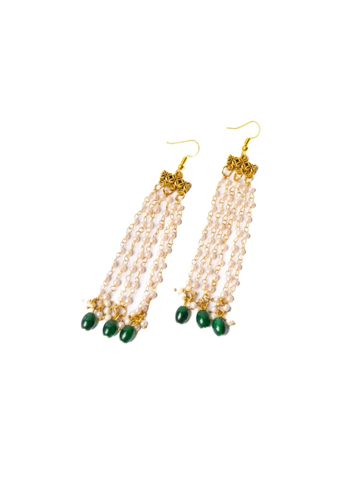 Statement gold tassel earrings featuring a delicately engraved rectangular bar design, fluid chain tassels for an elegant floral effect and designed with evenly spaced small pearl beads, a oval green colored circular shaped beads at the end and a curved hook closure