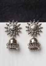 Oxidised jhumka earrings with complex floral detailing, featuring a finely detailed teardrop-shaped top, dangling circular beads, and ghungroos at the bottom, secured with a push-back closure