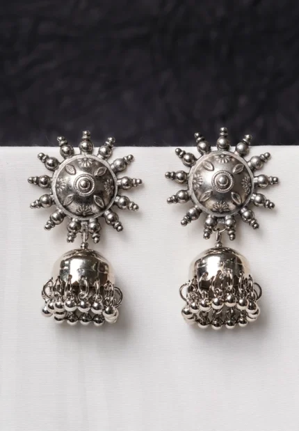 Oxidised jhumka earrings with complex floral detailing, featuring a finely detailed teardrop-shaped top, dangling circular beads, and ghungroos at the bottom, secured with a push-back closure