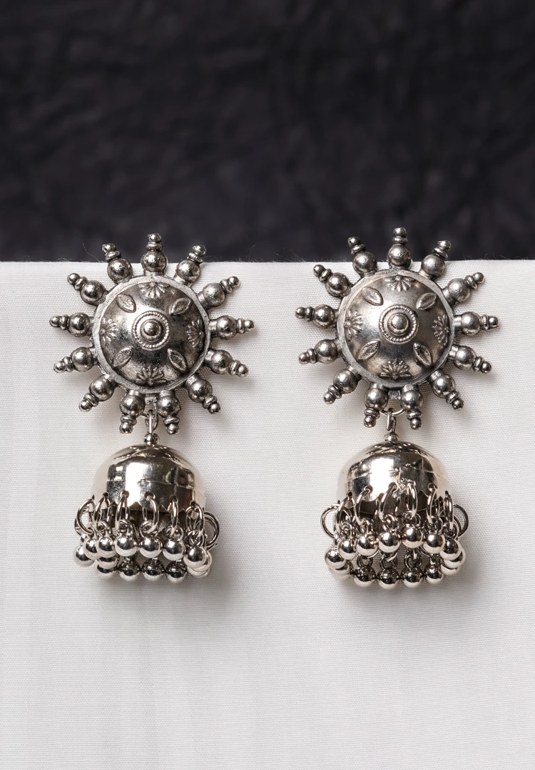 352-Th Oxidised jhumka earrings with complex floral detailing, featuring a finely detailed teardrop-shaped top, dangling circular beads, and ghungroos at the bottom, secured with a push-back closure