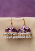 Fusion-style silver-tone jhumka earring featuring intricate floral meenakari artwork, a dome-shaped silhouette, and circular pearl bead embellishments.