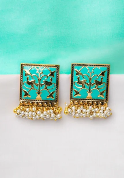 Classic square-shaped gold-tone earring with colorful meenakari work, a fine enamel finish, and a border of golden and pearl beads for a elegant touch