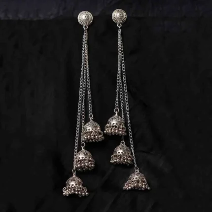 Vintage-inspired oxidized silver jhumka earring with an intricately detailed circular top, chain tassel layers, and small ghungroo embellishments and a push back closure.