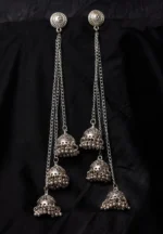 Vintage-inspired oxidized silver jhumka earring with an intricately detailed circular top, chain tassel layers, and small ghungroo embellishments and a push back closure.