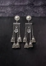 Handcrafted gold-tone ear hair chain earring featuring a floral square design, delicate enamel detailing, flowing pearl-embellished chain tassels, and dual closure for comfort.