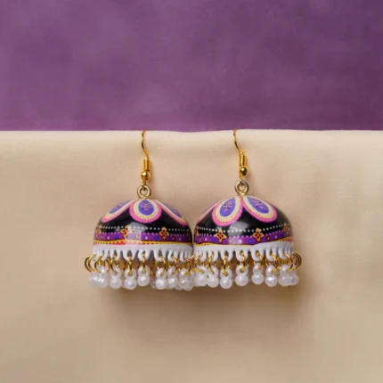 Fusion-style silver-tone jhumka earring featuring intricate floral meenakari artwork, a dome-shaped silhouette, and circular pearl bead embellishments.