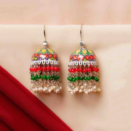 Classic square-shaped gold-tone earring with colorful meenakari work, a fine enamel finish, and a border of golden and pearl beads for a elegant touch.