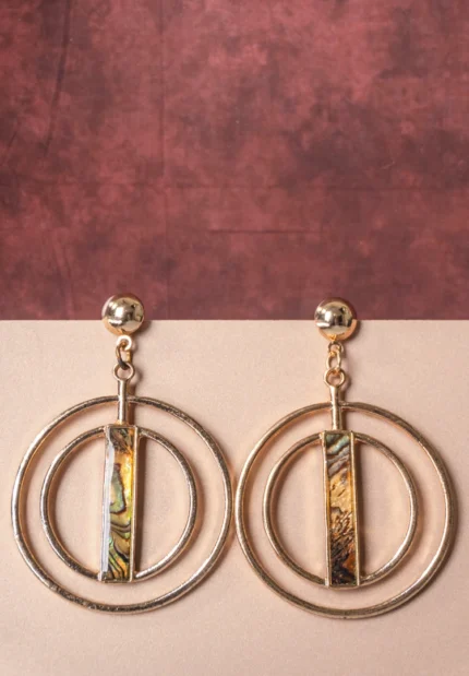 Trendy gold-tone double hoop earrings featuring a geometric glowing acrylic rectangle, a round top, and an easy push-back fastening.