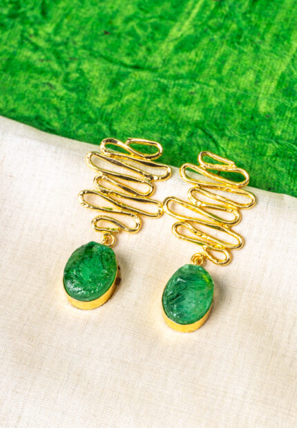 Statement organic metal drop earrings with a textured gold and dark red finish, featuring an oval-shaped red druzy stone and a secure push-back closure