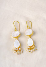 Chic teardrop-shaped metal drop earrings with a gold/moss green finish, showcasing a raw gemstone in an earthy gray and brown mix with a soft shimmer, and a curved hook closure