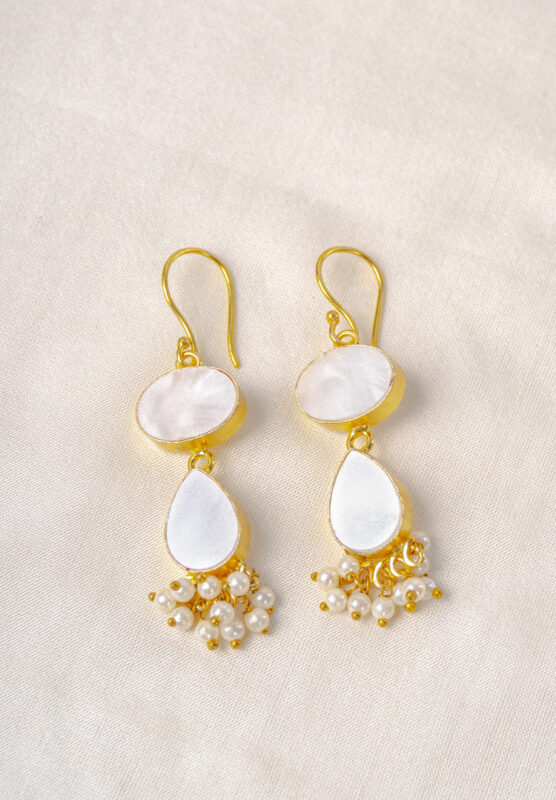 Chic teardrop-shaped metal drop earrings with a gold/moss green finish, showcasing a raw gemstone in an earthy gray and brown mix with a soft shimmer, and a curved hook closure