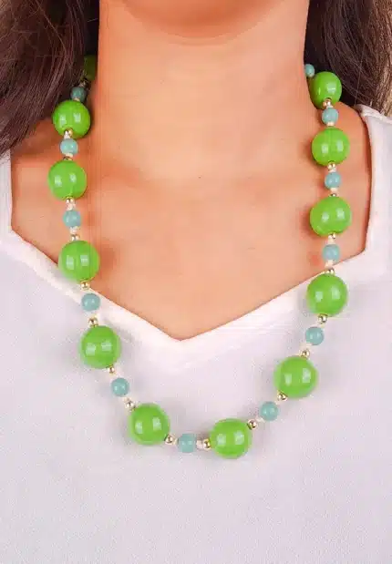 Colorful beaded necklace designed with round green beads and perfectly placed golden and sky-blue accents, secured with a lobster claw clasp