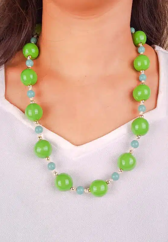 Colorful beaded necklace designed with round green beads and perfectly placed golden and sky-blue accents, secured with a lobster claw clasp