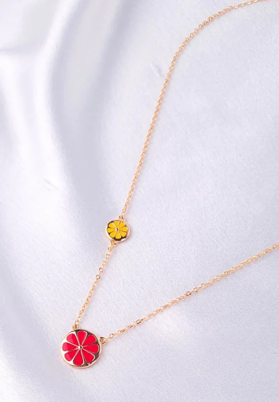 Stylish gold-tone necklace with a filled flat cable chain, lime yellow finish featuring enamel coated red coloured flower in the middle with a small yellow coloured flower , and a lobster claw clasp.
