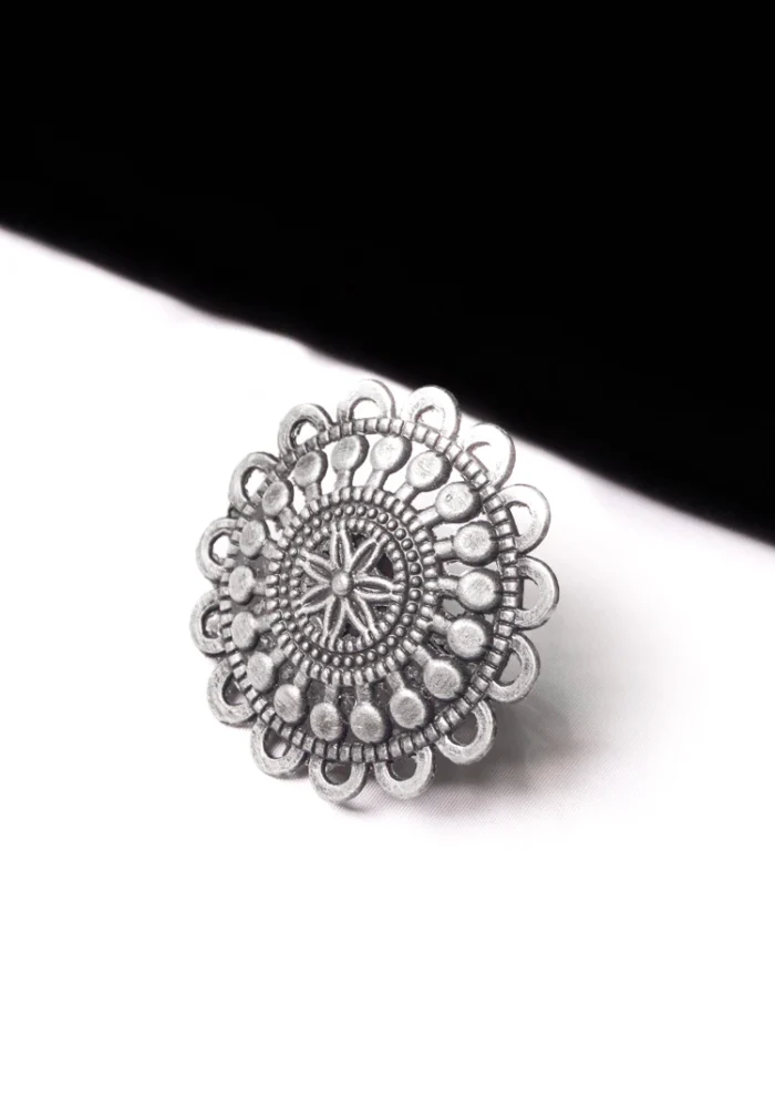 Handcrafted oxidized silver-tone statement ring with fine ornate patterns, ideal for adding a touch of vintage charm