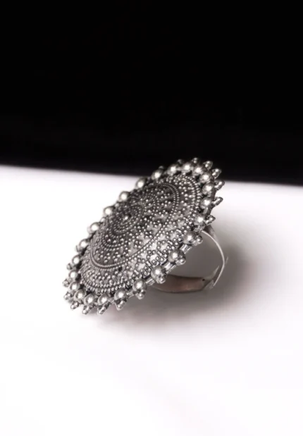 Handcrafted oxidized silver-tone statement ring with fine beaded borders, and oxidised silver stone finish