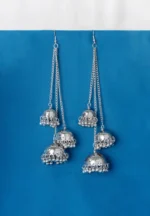 Statement silver tassel earrings featuring a delicately engraved design, long chain tassels for an elegant dangle effect with jhumkas and ghungroos at the end, and a curved hook feature