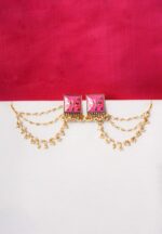 Handcrafted gold-tone ear hair chain earring featuring a floral square design, intricate enamel detailing, cascading pearl-embellished chain tassels, and dual closure for comfort.