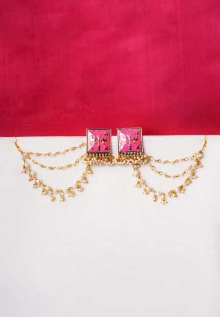 Handcrafted gold-tone ear hair chain earring featuring a floral square design, intricate enamel detailing, cascading pearl-embellished chain tassels, and dual closure for comfort.