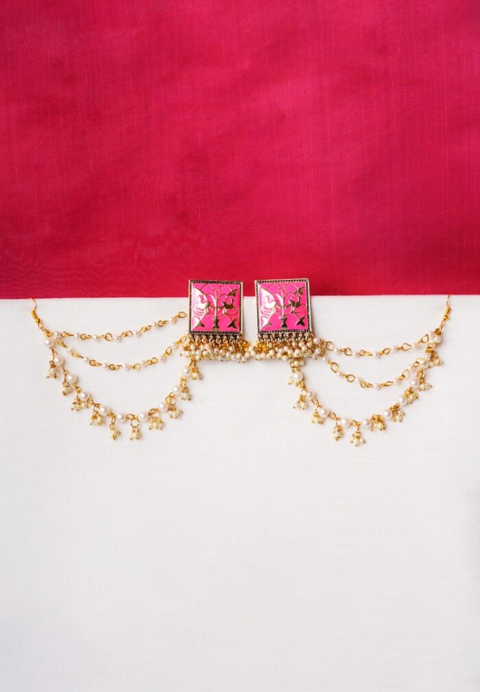 Handcrafted gold-tone ear hair chain earring featuring a floral square design, intricate enamel detailing, cascading pearl-embellished chain tassels, and dual closure for comfort.