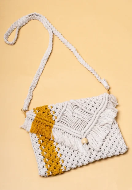 Yellow Striped White Macrame Sling Bag
