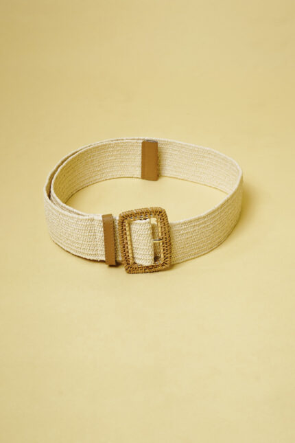 Woven Raffia Cream Rectangular Buckle Belt