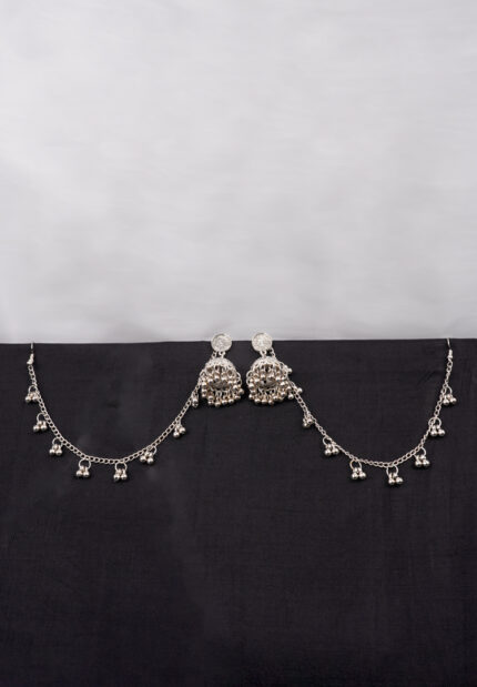 Antique-style silver-tone jhumka ear hair chain earring featuring circular top, a chain tassel detailed with pearl beads and a delicate chain with circular line charms, finished with a push-back closure, with ghungroos at the end with a curved hook closure