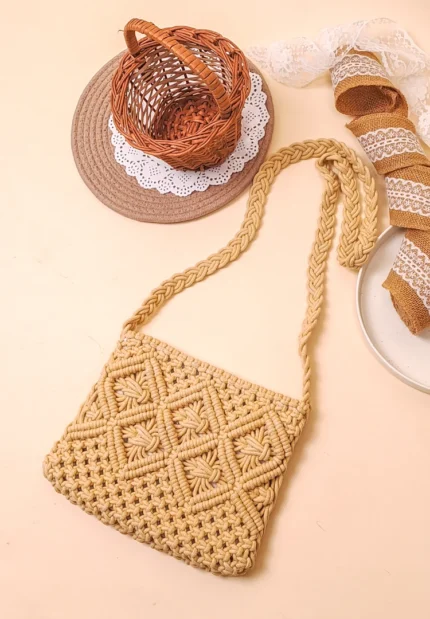 Beige Knitted Macrame Sling Bag