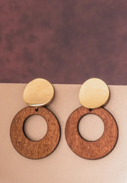 Golden Top Wooden Circular Drop Earrings