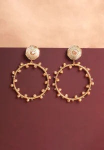 Chic octagonal hoop earrings featuring a polished gold-tone finish, playful blue gemstone ,colorful beaded accents, and a push back for easy wear.
