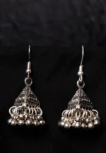 Antique-inspired oxidized silver-tone triangular jhumka earring, showcasing fine craftsmanship with ghungroos along the edge and a secure French hook closure.